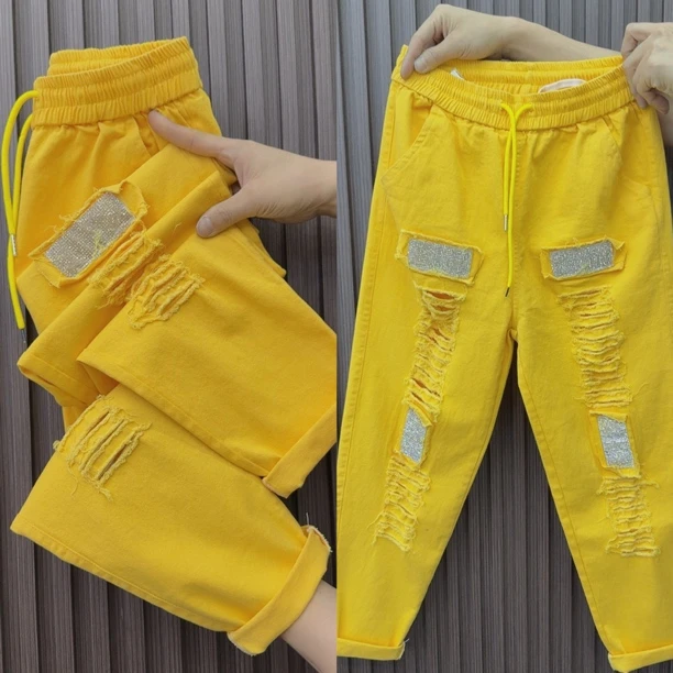 9997镶钻破洞女薄款小脚裤百搭新九分宽松高腰乞丐哈伦水洗牛仔布