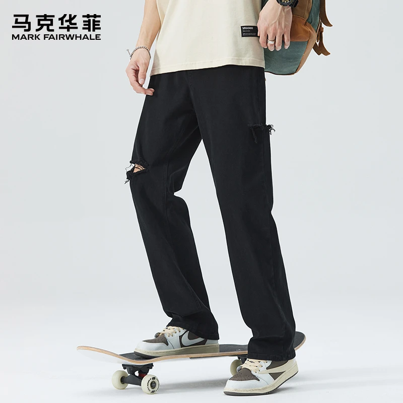 马克华菲夏季薄款纯棉破洞牛仔裤男士新款潮牌直筒宽松休闲长裤子