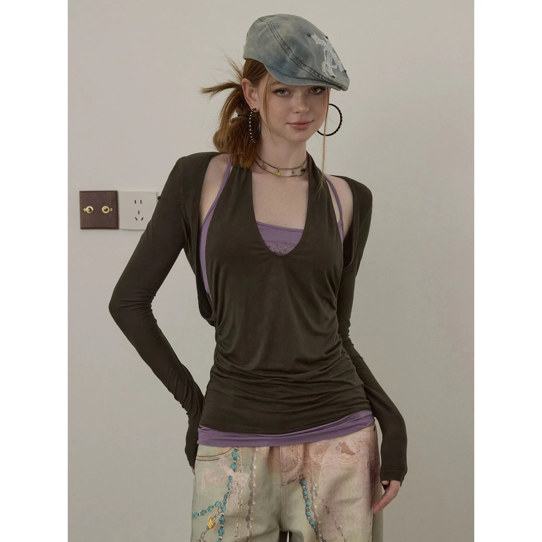 7.23新品wooha 吾哈2025早秋新款小众设计两穿撞色打底T恤女