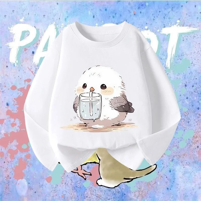 鹦鹉玄风牡丹猫咪联名可爱日系涂鸦长袖t恤衫男女儿童装学生秋季