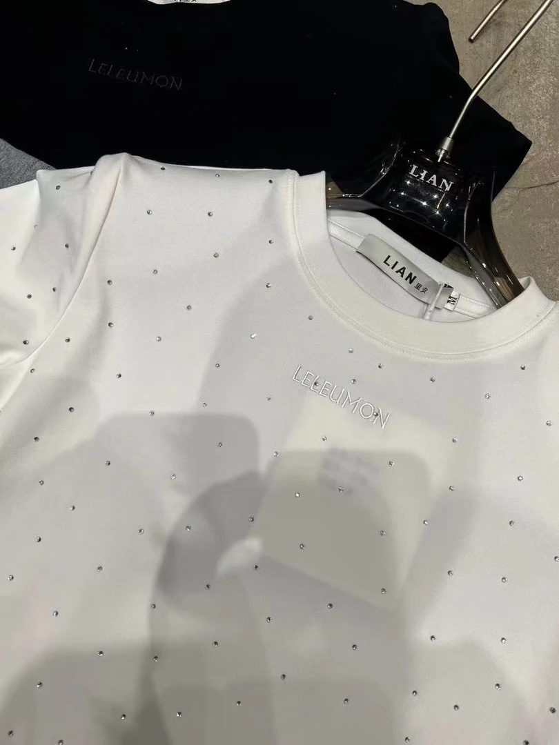 红红家短袖落肩袖烫钻圆领免烫青年T恤上衣轻奢百搭夏季白色潮流