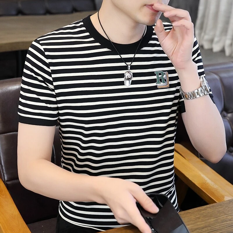 夏季新款男士圆领短袖百搭休闲时尚潮流条纹短袖T恤男夏上衣24158