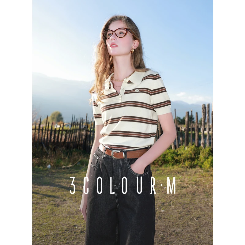 三彩2025春季条纹Polo领针织衫显瘦修身正肩短袖套头上衣女M0688