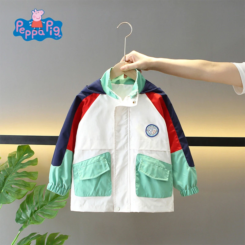 【小猪佩奇】男童春装上新韩版休闲连帽夹克外套女童拼色口袋风衣