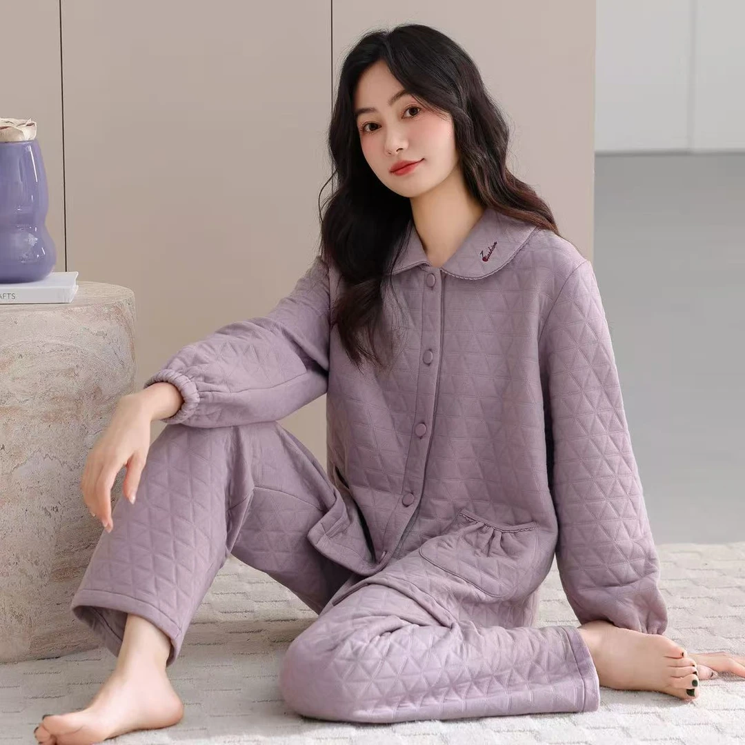 秋冬新款加厚纯棉长袖空气棉夹层睡衣女士冬天厚款夹棉保暖家居服