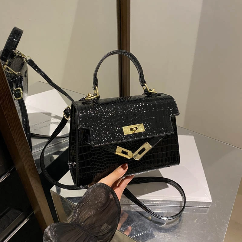 高级感时尚百搭手提小方包夏季复古鳄鱼纹斜挎包2024新款小众女包
