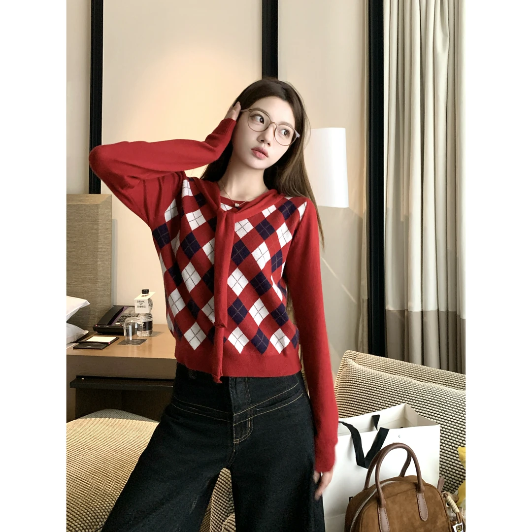 【乖乖女】复古格纹设计感撞色时尚修身毛针织衫长袖~无袖背心Y3855
