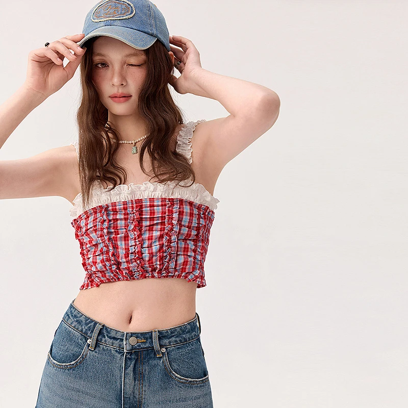 CHUU商场同款新品木耳边设计松紧弹力甜辣风穿搭修身背心