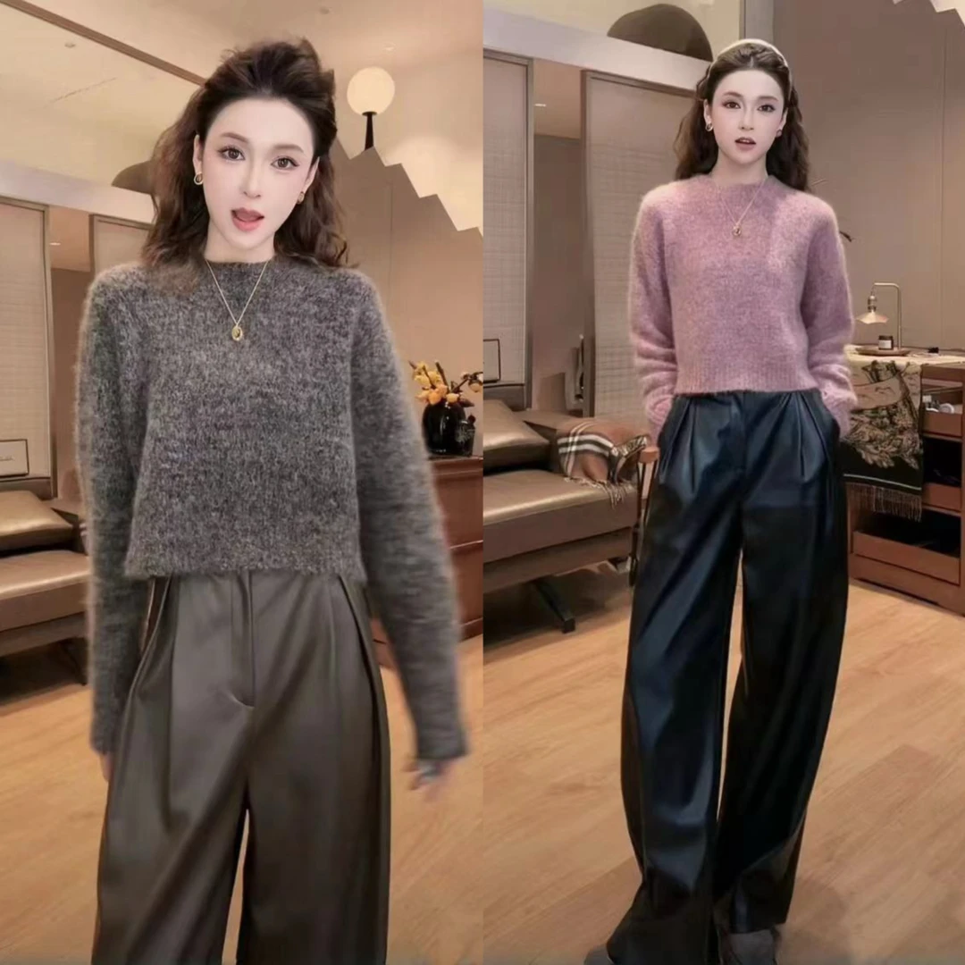 女士时尚百搭服装圆领针织毛衣休闲皮裤时尚潮流百搭精品女装套装