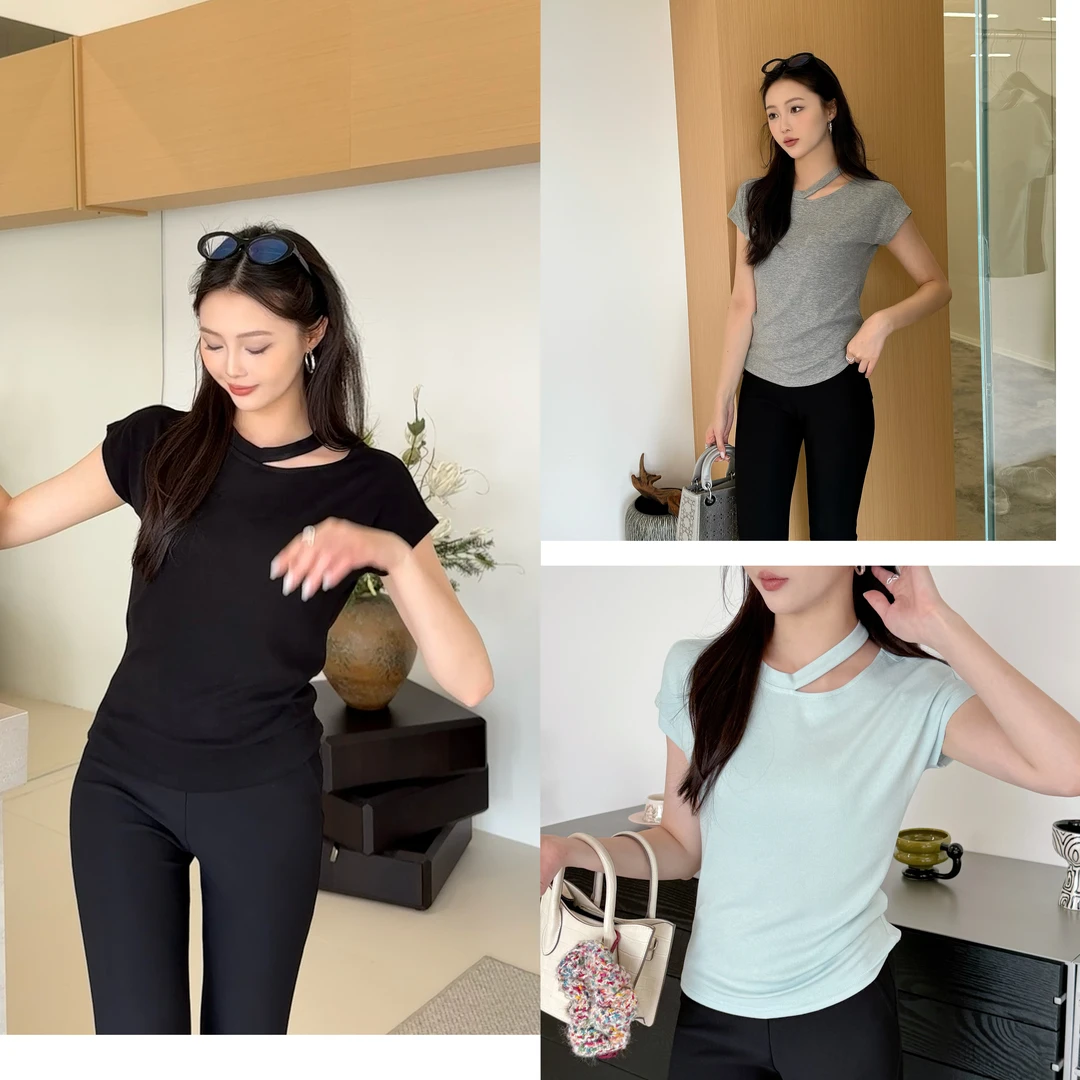 「子熙原创」不规则镂空上衣女2025夏季新款百搭短袖打底衫T恤4408