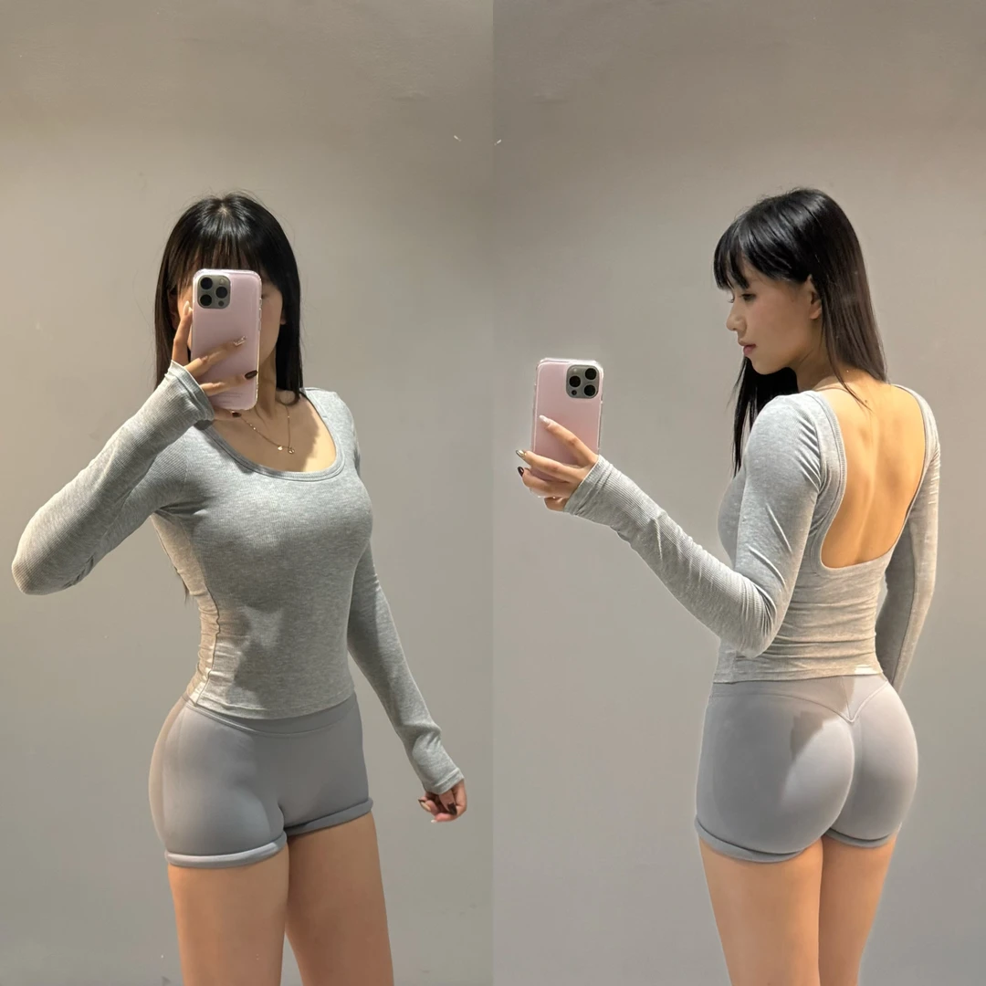 Pipi-【大露背】莱赛尔带胸垫美背一体杯修身运动健身长袖紧身