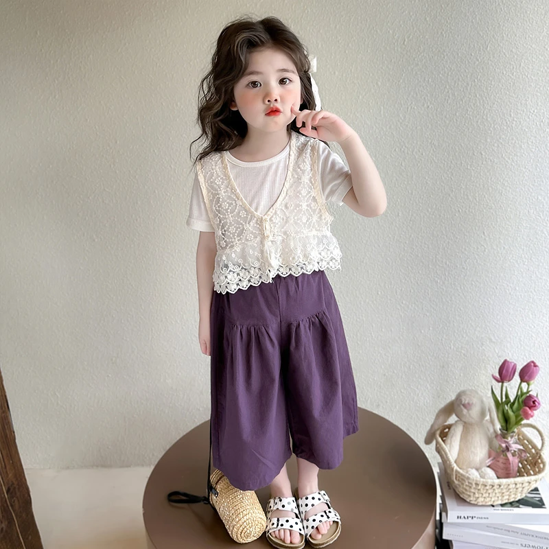 女小童夏季短袖韩版2025新款洋气小女孩时髦蕾丝马甲阔腿裤三件套