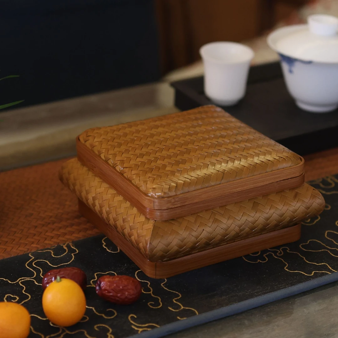 【朴意凡器】大漆竹席弧形正方形收纳盒