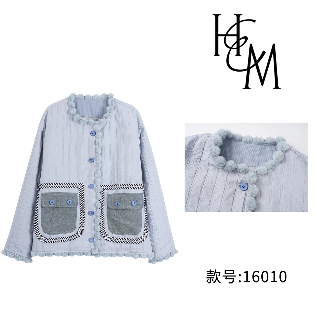 百搭撞色口袋显瘦棉服外套【16010】