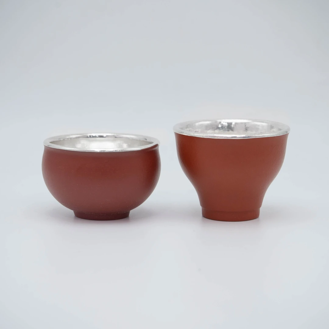 【古悦】 手工艺品朱泥茶杯家用主人杯 瓷包银茶具约50cc手工银茶杯