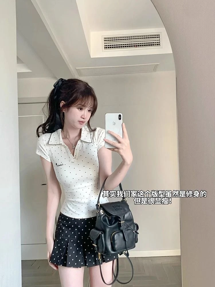 白色波点POLO衫撞色翻领短袖t恤女夏季修身收腰独特超好看上衣ins