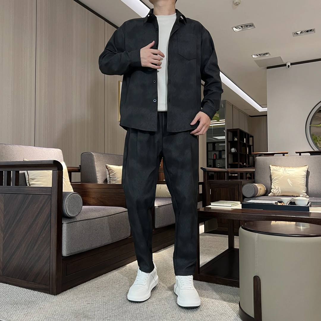 秋季男士套装翻领长袖衬衫外套散脚裤子男士时尚套装休闲百搭套装