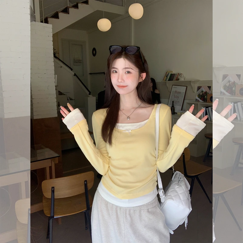 夏珍韩系鹅黄色U领假两件正肩长袖T恤女秋欧若假日风修身显瘦上衣