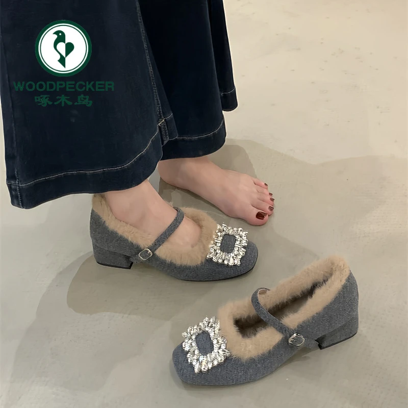 啄木鸟水钻方扣毛毛玛丽珍鞋女秋冬加绒方头一字带粗跟法式单鞋女