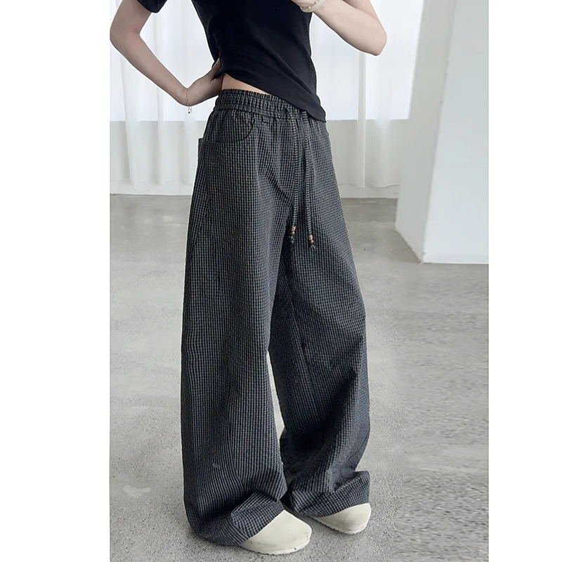 APH复古松紧腰抽绳泡泡纱格子弯刀裤夏季薄款慵懒风阔腿遛弯长裤
