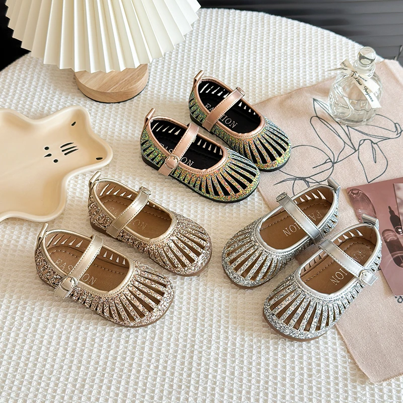 女童包头凉鞋镂空单皮鞋夏季透气公主鞋人鱼亮片演出鞋中小大童22