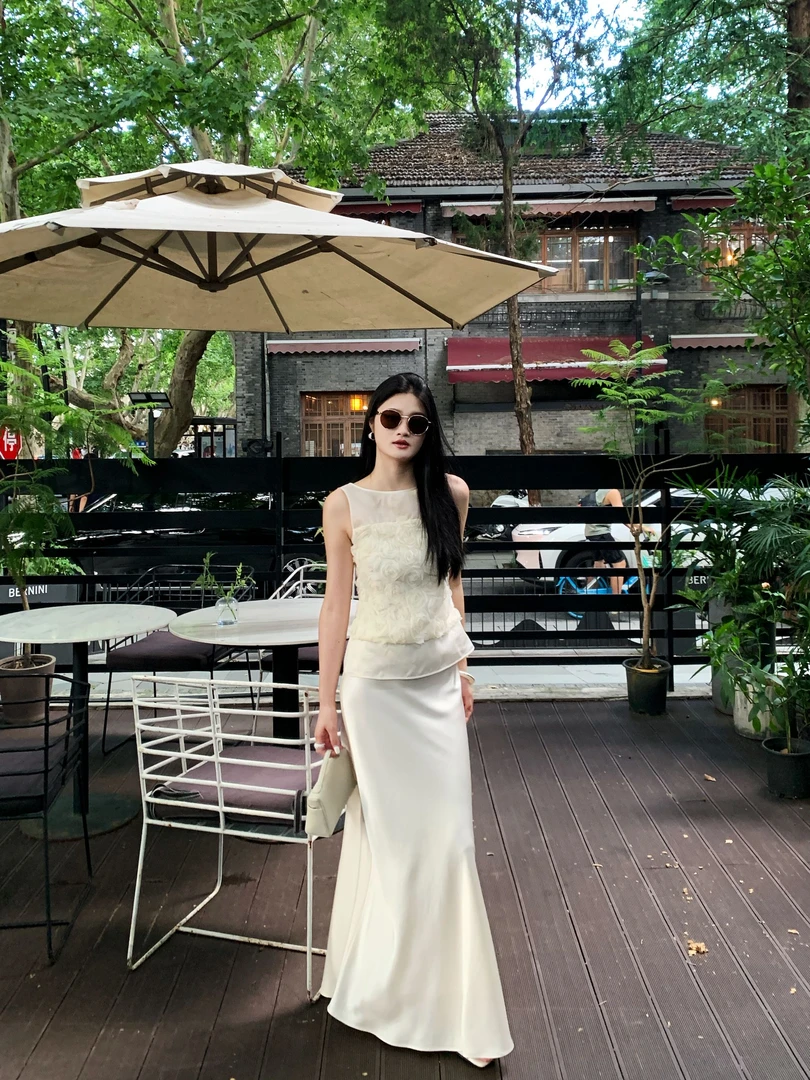 Ah·Jing梓静 【真丝玫瑰】夏季新款法式提花甜美白色无袖上衣0814