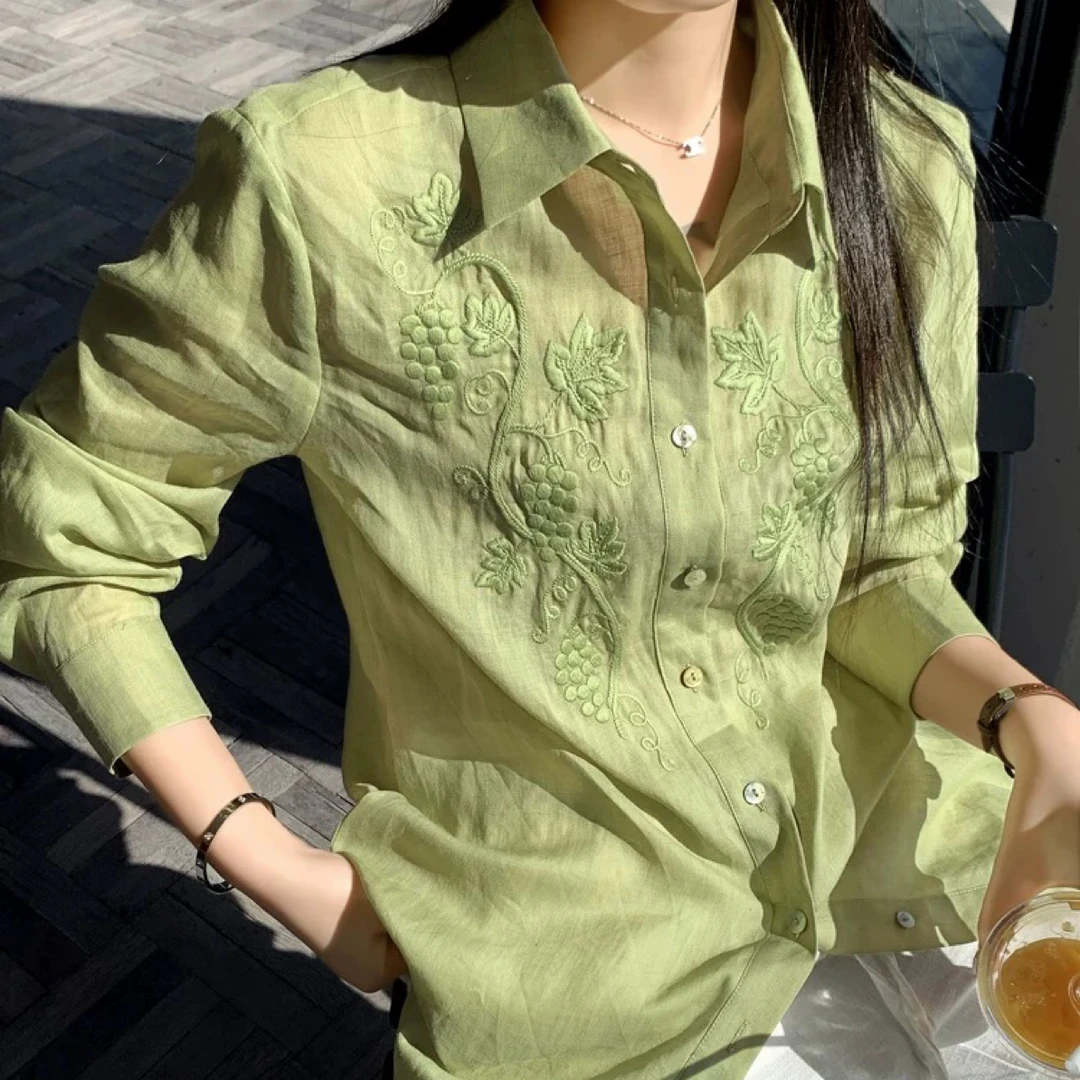 法式高级感重工刺绣长袖衬衫女士休闲宽松防晒上衣4080