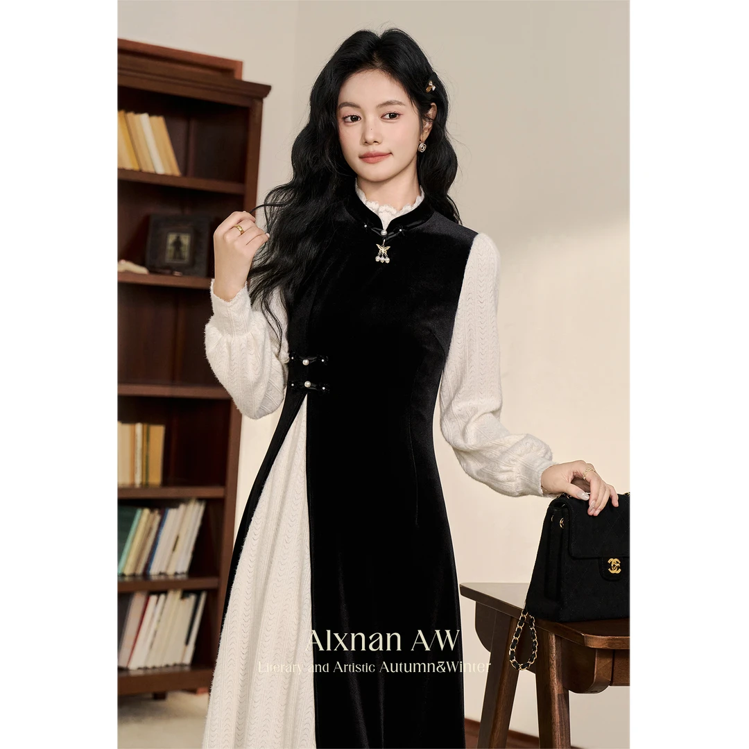 鹿向南「温柔日记」新中式假两件连衣裙女2025秋冬新款气质长裙子