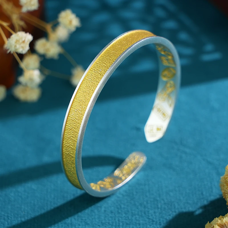 足银手镯 上上签吉言描金足银9999银手镯女纯银年轻款开口实心银