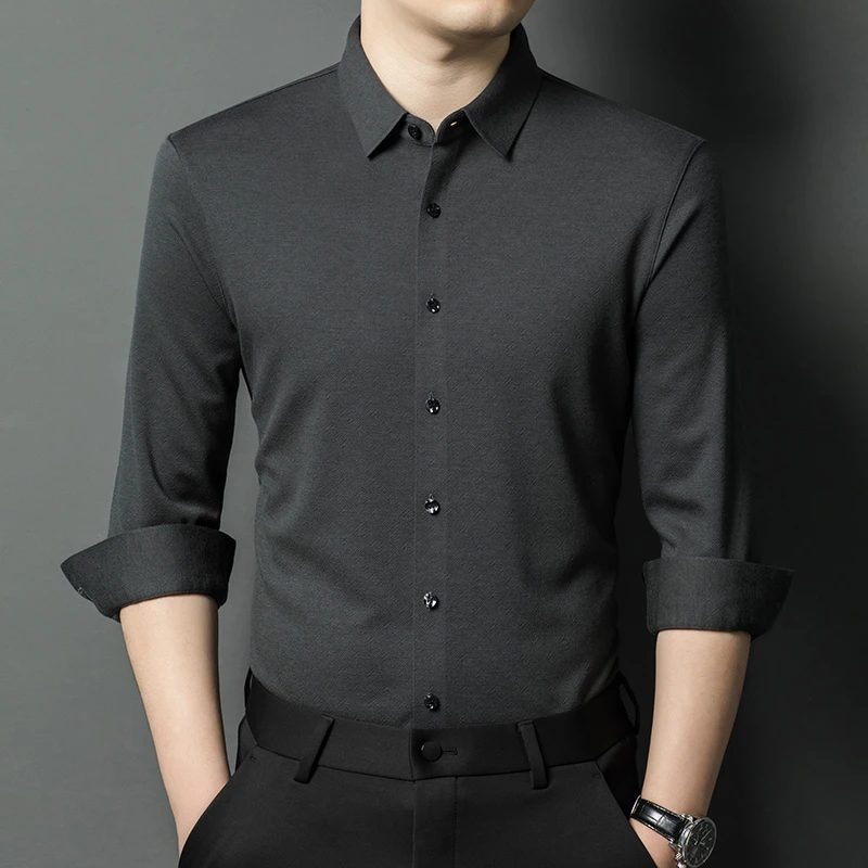 2025年新款男士商务休闲翻领长袖衬衫 中年纯色修身百搭高档衬衣
