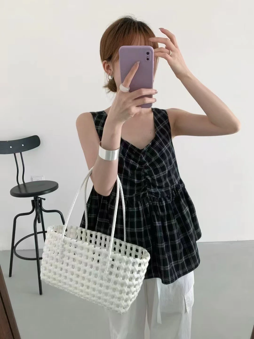 DM 韩系格子后背蝴蝶着吊带上衣