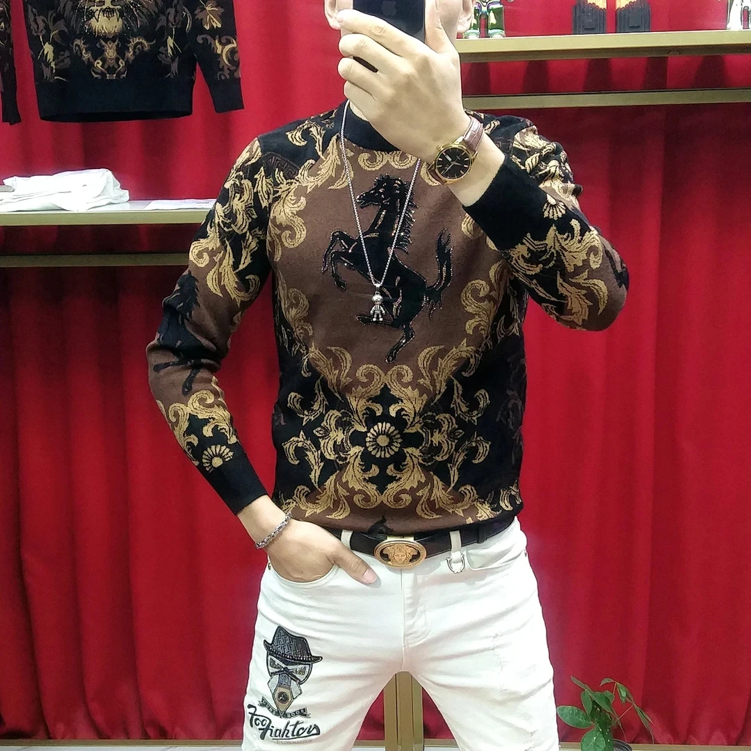 欧货秋冬男士新款时尚帅气提花针织打底修身潮流高弹圆领保暖毛衣