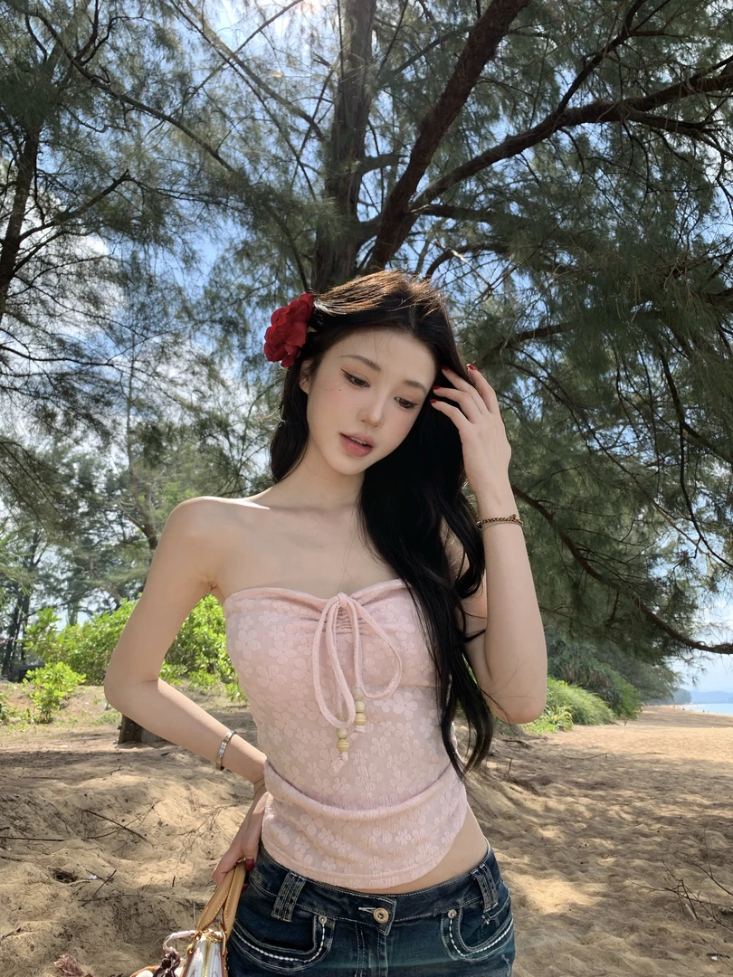 不冷BULENG黄色碎花系带抹胸背心女辣妹性感修身百搭流行时尚