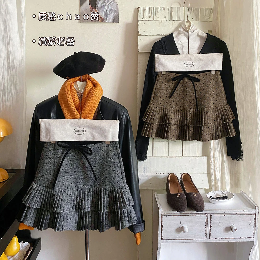 Miu系法式复古双层风琴百褶毛呢蛋糕短裙女秋冬高腰A字小众半身裙