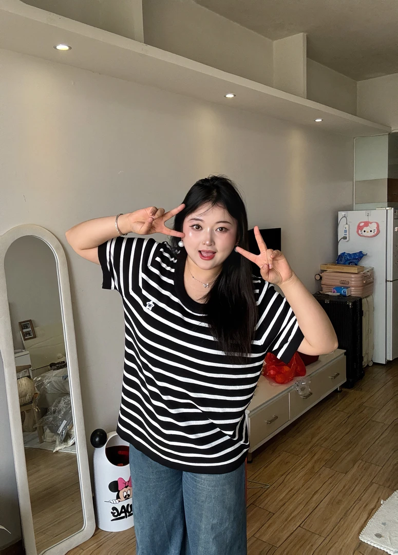 3932大码女装2025夏季新款复古圆领条纹短袖上衣韩版显瘦针织衫女