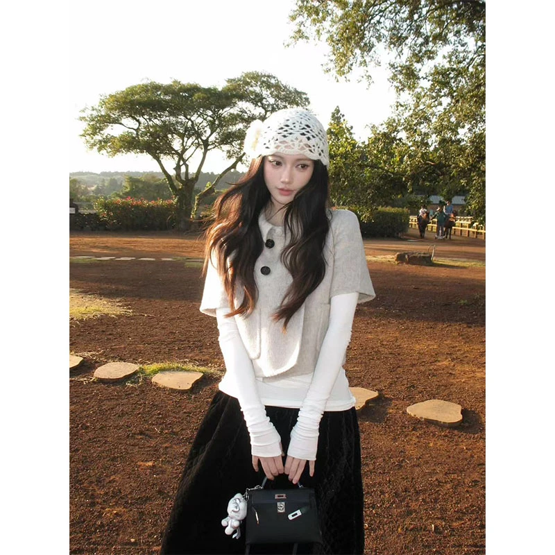 韩系秋冬季新款修身显瘦内搭时尚宽松上衣气质高腰a字半身裙套装