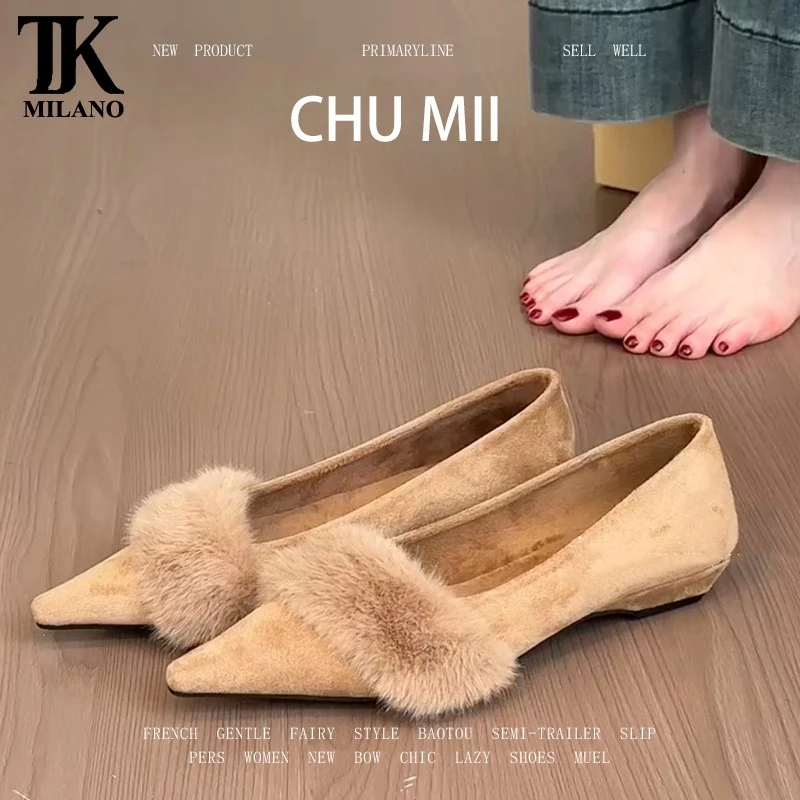 【T&K官方正品】羊皮版~复古真皮水貂毛单鞋女法式绒面玛丽珍鞋小