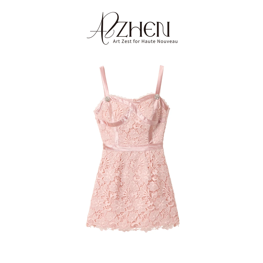 AZZHEN【微醺花屿】温柔风蕾丝拼接精美丝绒吊带连衣裙AZ5BSL28-00