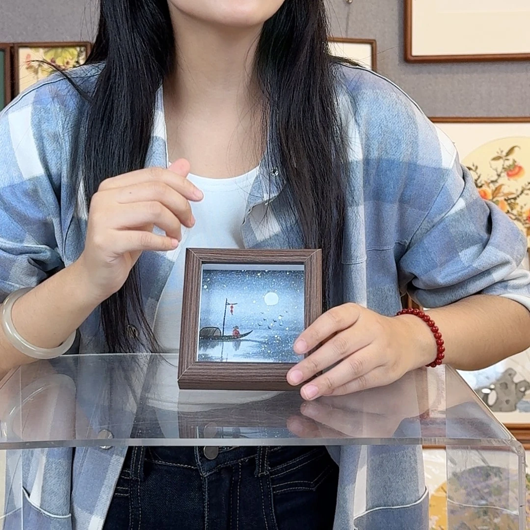 国画纯手绘，纯手写带框尺寸：12×12厘米