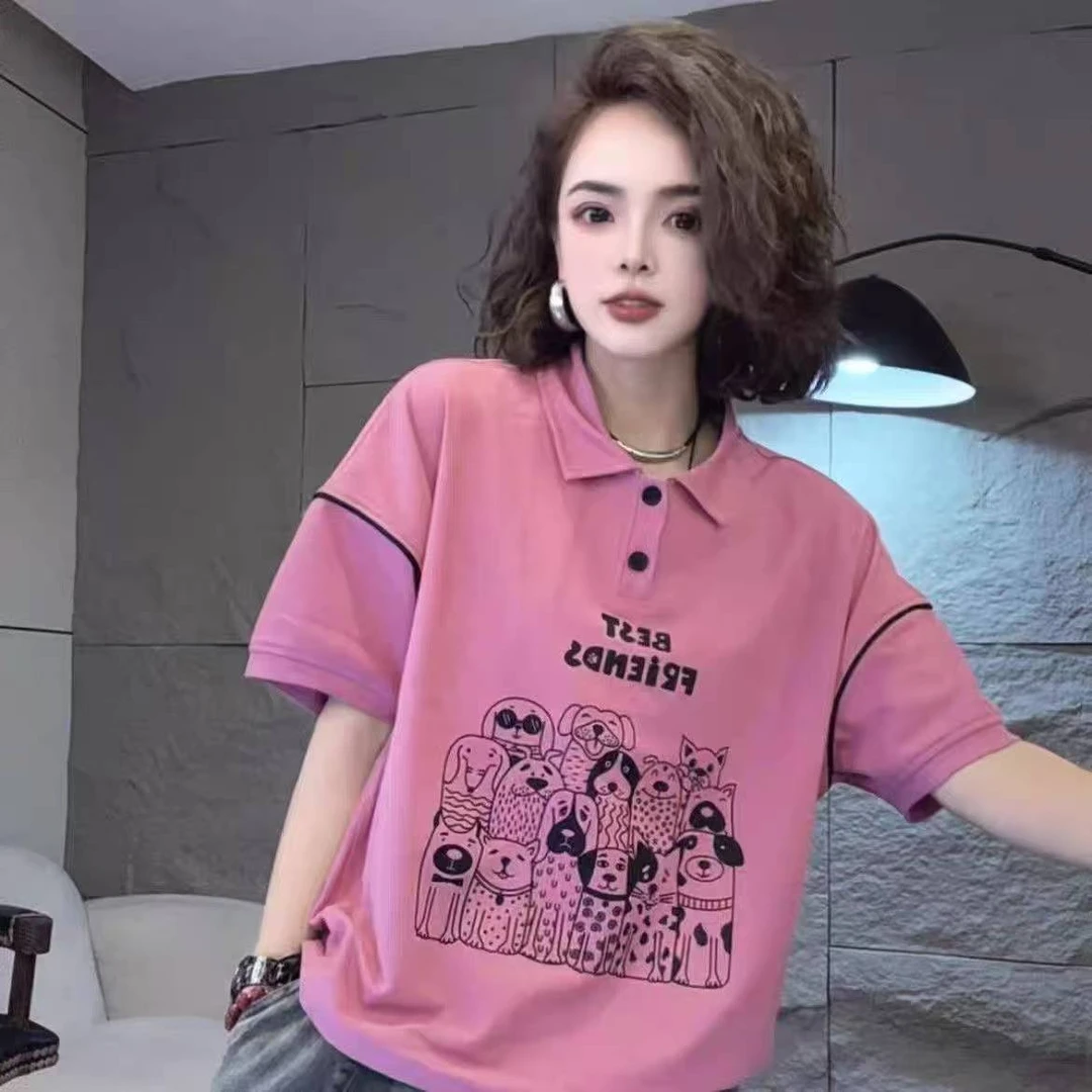 夏季新款时尚休闲百搭小众短袖翻领小衫显瘦上衣简约女式宽松T恤