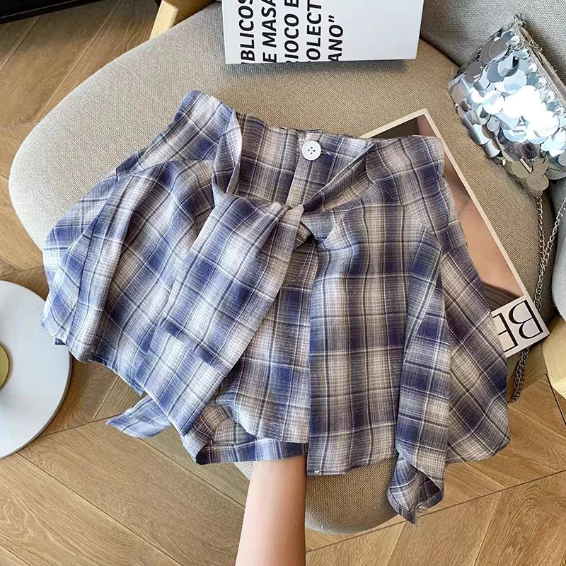 女童休闲时尚套装2025夏季新款韩版短袖印花T恤格子绑带短裤裙