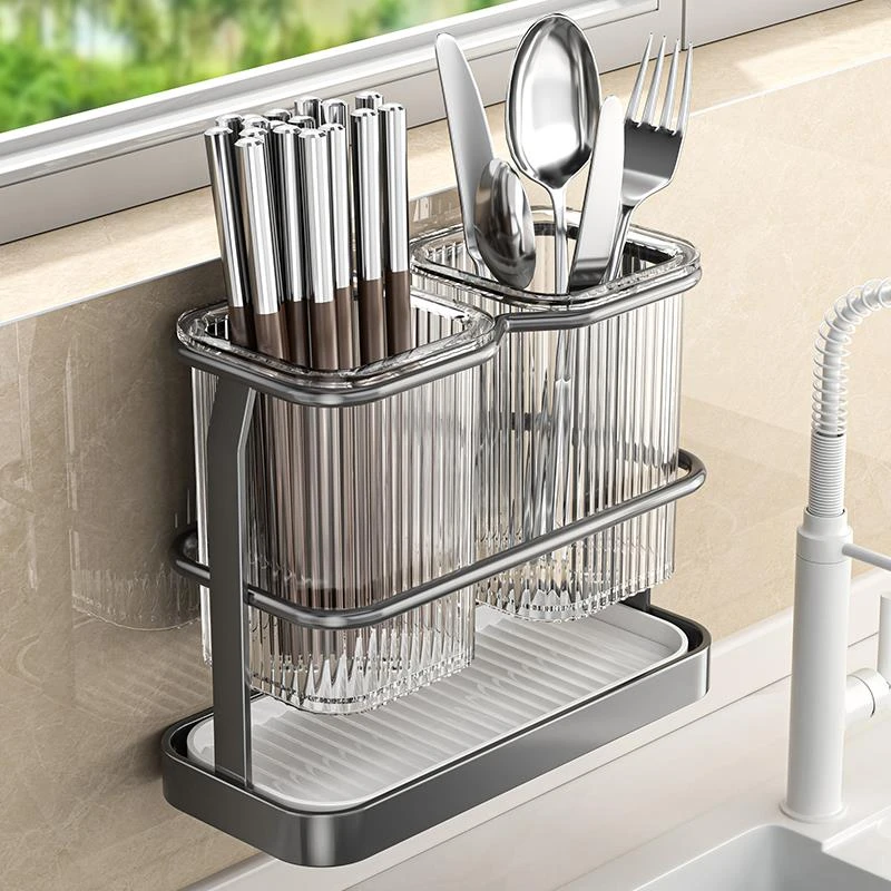 新款筷子收纳盒沥水家用勺子筷笼篓筷子筒厨房置物架免打孔壁挂式