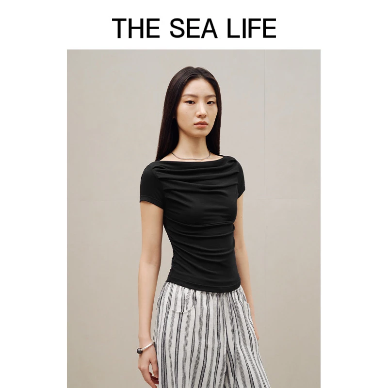 2025 欧海一生无袖方领气质T恤有弹力荡领纯色静奢风修身型打底衫