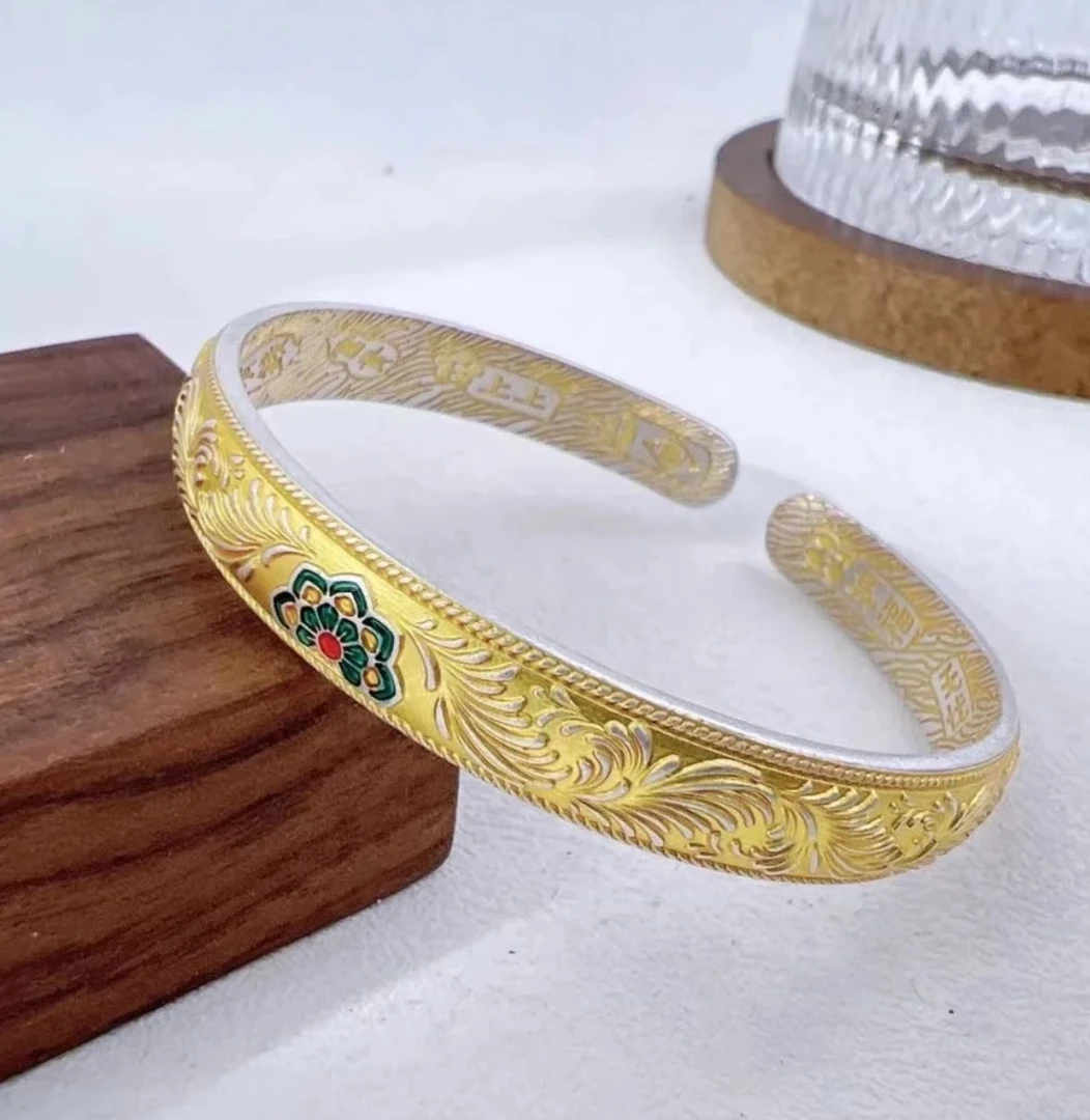 足银手镯 A43足银9999描金宝相花吉言招财纳福开口实心银手镯