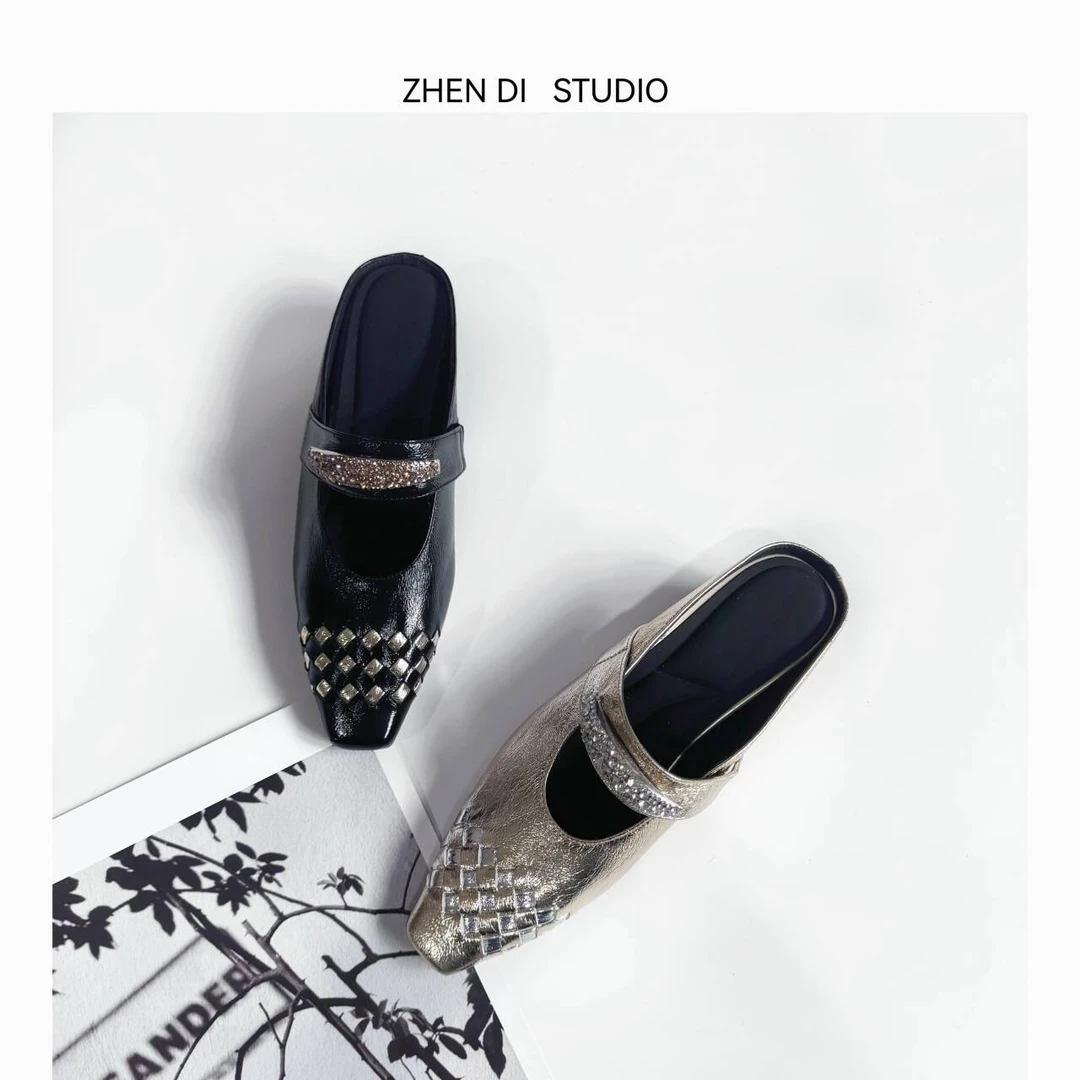 臻弟ZHENDI夏季欧站新款百搭女鞋气质编织小众设计粗跟半拖CZ5438