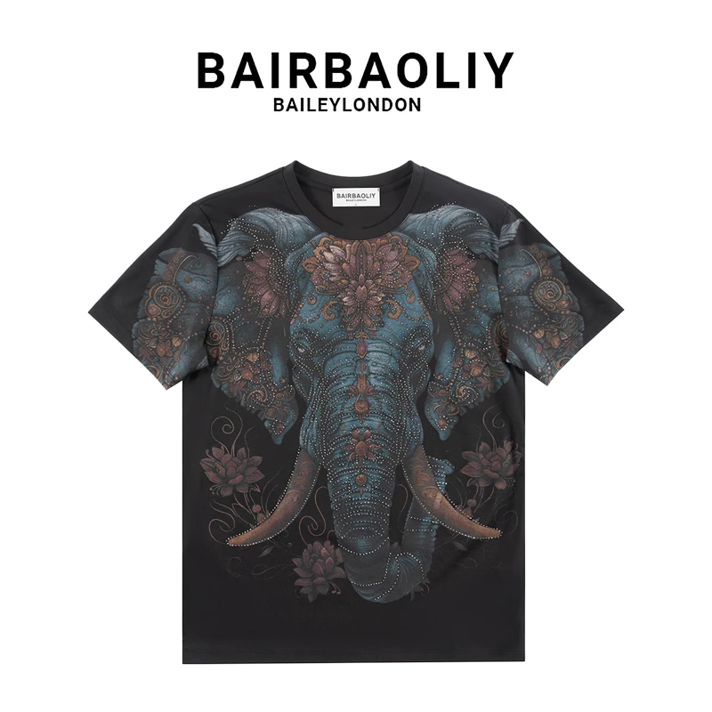 BAIRBAOLIY男士潮流重工时尚短袖T恤象头烫钻春夏半袖衫2025新款