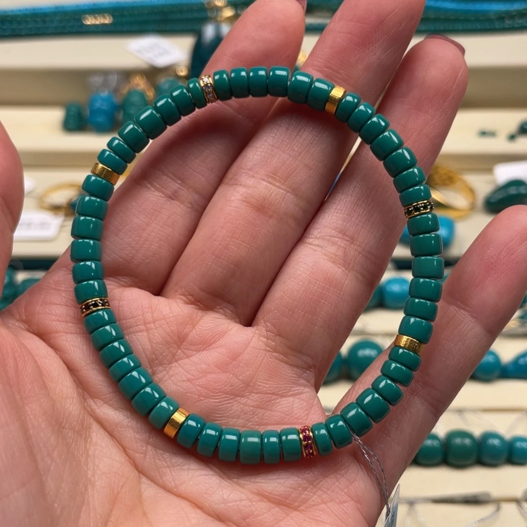 18K金镶嵌绿松石珠宝奇石直切手串尺寸5.3