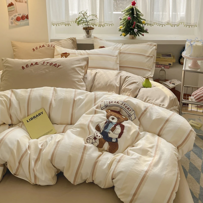 A类卡通英伦小熊水洗棉印加绣床上四件套被套床单床笠款四季通用