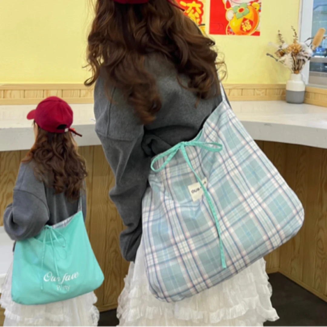 清新薄荷曼波格纹拼接单肩包春夏大容量托特包简约两用双面包