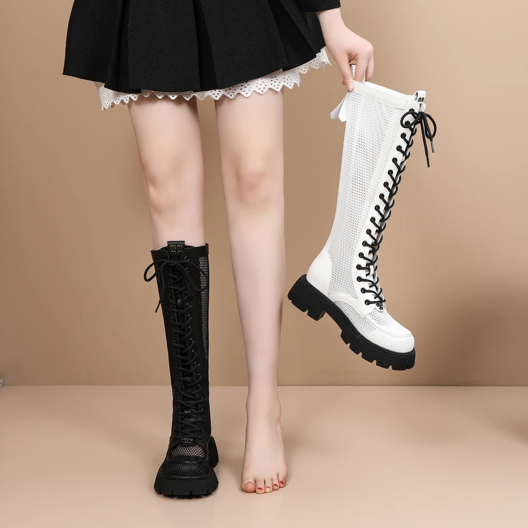 欧货时尚百搭网面长筒靴女2025年新款镂空透气罗马网靴骑士靴凉靴